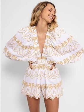 Anthropologie White and Gold Palm Tree Embroidered Cotton Romper